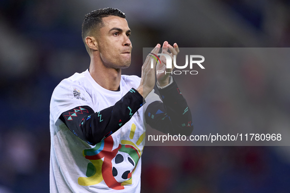 Cristiano Ronaldo of Portugal warms up before the UEFA Nations League 2024/25 League A Group A1 match between Portugal and Poland at Estadio...