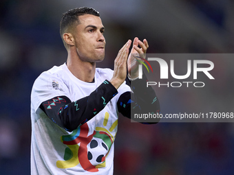 Cristiano Ronaldo of Portugal warms up before the UEFA Nations League 2024/25 League A Group A1 match between Portugal and Poland at Estadio...