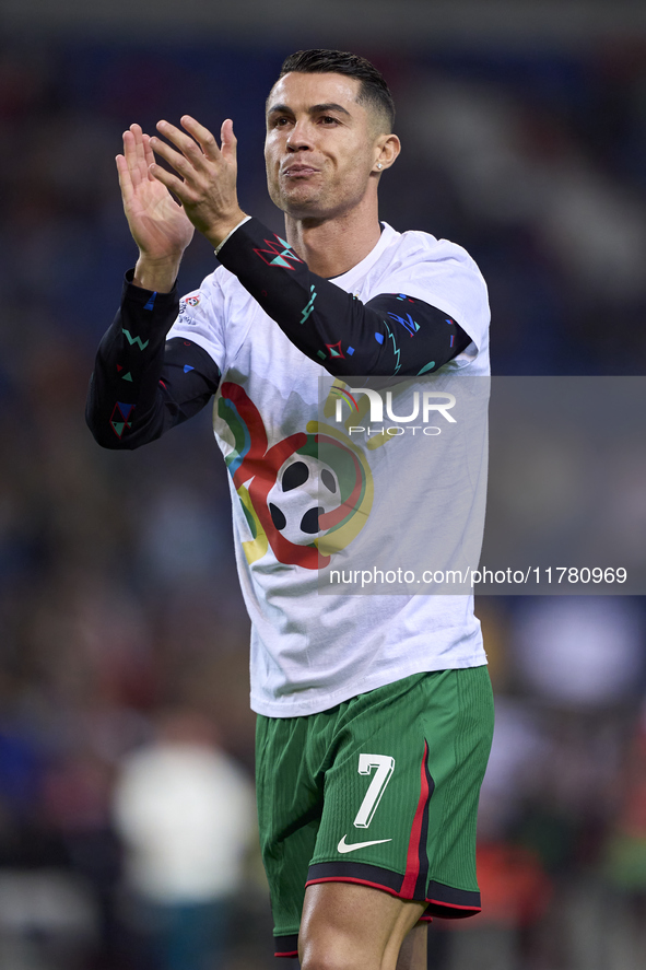 Cristiano Ronaldo of Portugal warms up before the UEFA Nations League 2024/25 League A Group A1 match between Portugal and Poland at Estadio...