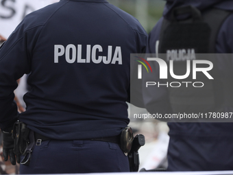 In Warsaw, Poland, on November 10, 2024, police attend the monthly celebrations of the Smolensk disaster at the Monument to the Victims of t...