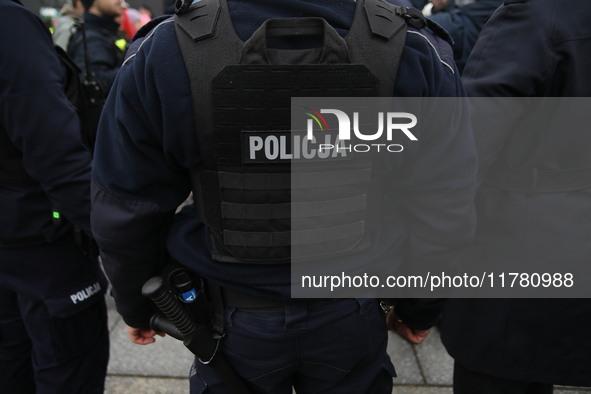 In Warsaw, Poland, on November 10, 2024, police attend the monthly celebrations of the Smolensk disaster at the Monument to the Victims of t...