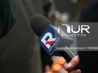 A microphone with the logo of Republika TV is present during the monthly celebrations of the Smolensk disaster at the Monument to the Victim...