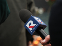 A microphone with the logo of Republika TV is present during the monthly celebrations of the Smolensk disaster at the Monument to the Victim...