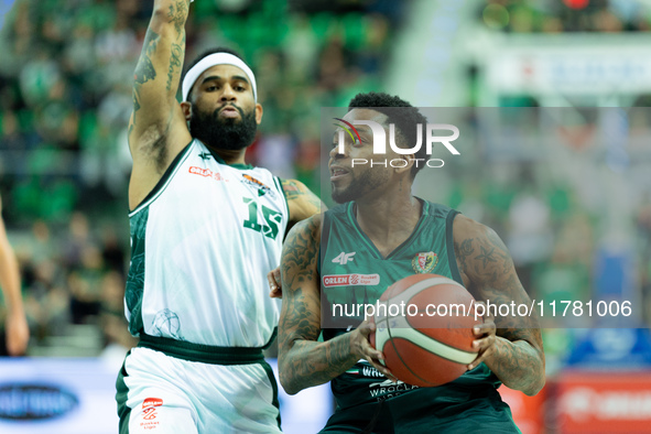 Walter Hodge and Donell Cooper participate in a match of the Orlen Basket Liga between Zastal Zielona Gora and WKS Slask Wroclaw in Wroclaw,...