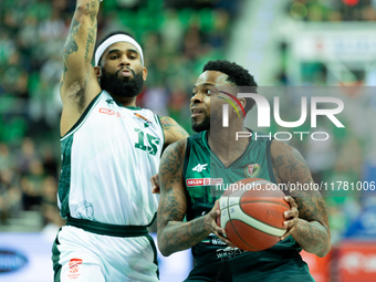 Walter Hodge and Donell Cooper participate in a match of the Orlen Basket Liga between Zastal Zielona Gora and WKS Slask Wroclaw in Wroclaw,...