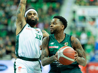 Walter Hodge and Donell Cooper participate in a match of the Orlen Basket Liga between Zastal Zielona Gora and WKS Slask Wroclaw in Wroclaw,...