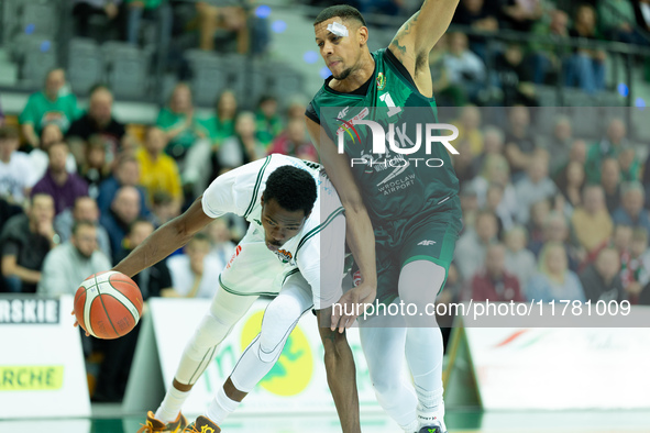 Kamari Murphy and Angel Nunez participate in a match of the Orlen Basket Liga between Zastal Zielona Gora and WKS Slask Wroclaw in Wroclaw,...