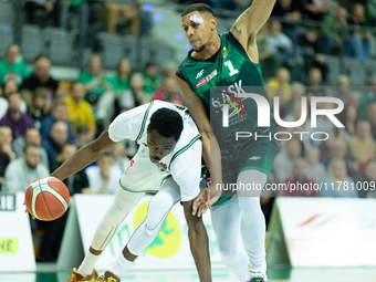 Kamari Murphy and Angel Nunez participate in a match of the Orlen Basket Liga between Zastal Zielona Gora and WKS Slask Wroclaw in Wroclaw,...