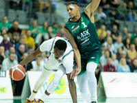 Kamari Murphy and Angel Nunez participate in a match of the Orlen Basket Liga between Zastal Zielona Gora and WKS Slask Wroclaw in Wroclaw,...