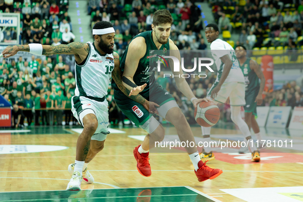 Walter Hodge and Adjin Penava participate in a match of the Orlen Basket Liga between Zastal Zielona Gora and WKS Slask Wroclaw in Wroclaw,...