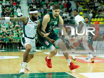 Walter Hodge and Adjin Penava participate in a match of the Orlen Basket Liga between Zastal Zielona Gora and WKS Slask Wroclaw in Wroclaw,...