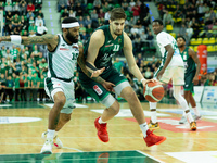 Walter Hodge and Adjin Penava participate in a match of the Orlen Basket Liga between Zastal Zielona Gora and WKS Slask Wroclaw in Wroclaw,...