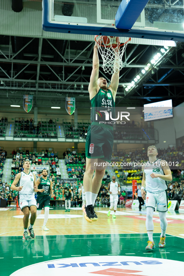 Daniel Golebiowski participates in a match of the Orlen Basket Liga between Zastal Zielona Gora and WKS Slask Wroclaw in Wroclaw, Poland, on...