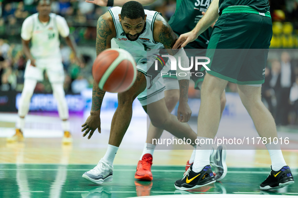 Sindarius Thornwell participates in a match of the Orlen Basket Liga between Zastal Zielona Gora and WKS Slask Wroclaw in Wroclaw, Poland, o...