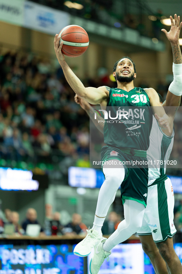 Jeremy Senglin participates in a match of the Orlen Basket Liga between Zastal Zielona Gora and WKS Slask Wroclaw in Wroclaw, Poland, on Nov...