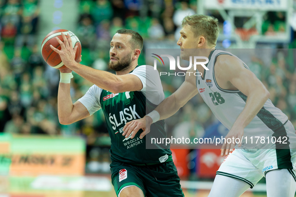 Marcel Ponitka and Filip Matczak participate in a match of the Orlen Basket Liga between Zastal Zielona Gora and WKS Slask Wroclaw in Wrocla...