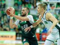 Marcel Ponitka and Filip Matczak participate in a match of the Orlen Basket Liga between Zastal Zielona Gora and WKS Slask Wroclaw in Wrocla...