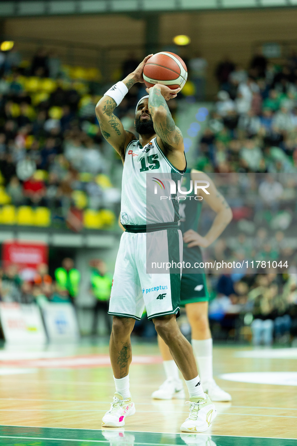 Walter Hodge participates in a match of the Orlen Basket Liga between Zastal Zielona Gora and WKS Slask Wroclaw in Wroclaw, Poland, on Novem...