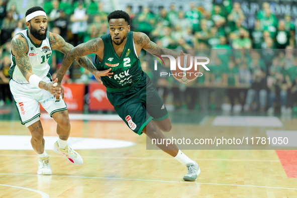 Walter Hodge and Donell Cooper participate in a match of the Orlen Basket Liga between Zastal Zielona Gora and WKS Slask Wroclaw in Wroclaw,...