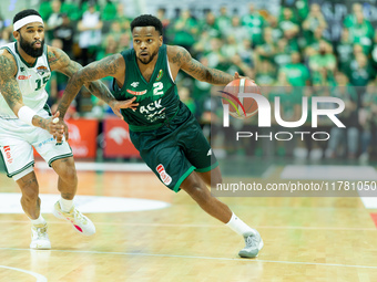 Walter Hodge and Donell Cooper participate in a match of the Orlen Basket Liga between Zastal Zielona Gora and WKS Slask Wroclaw in Wroclaw,...