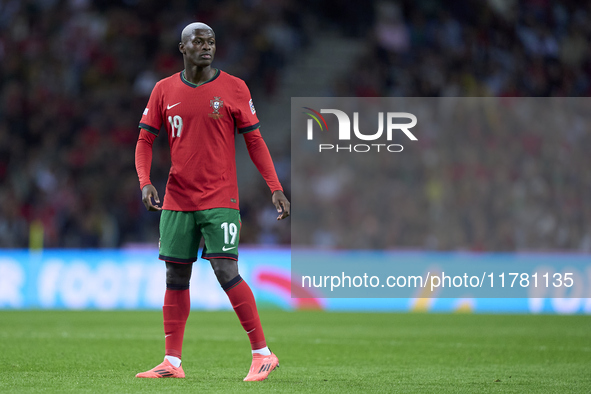 Nuno Mendes of Portugal reacts during the UEFA Nations League 2024/25 League A Group A1 match between Portugal and Poland at Estadio Do Drag...