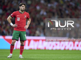 Pedro Neto of Portugal reacts during the UEFA Nations League 2024/25 League A Group A1 match between Portugal and Poland at Estadio Do Draga...