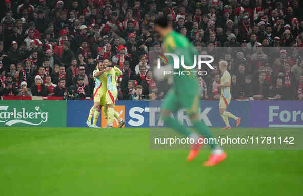 Mikel Oyarzabal of Spain  celebrates the teams first goal during the Nations League Round 5 match between Denmark against Spain at Parken, C...