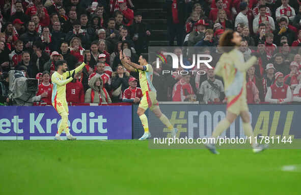 Mikel Oyarzabal of Spain  celebrates the teams first goal during the Nations League Round 5 match between Denmark against Spain at Parken, C...