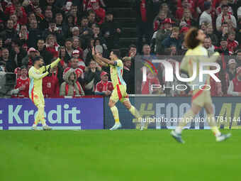 Mikel Oyarzabal of Spain  celebrates the teams first goal during the Nations League Round 5 match between Denmark against Spain at Parken, C...