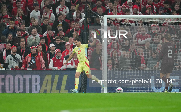 Mikel Oyarzabal of Spain  celebrates the teams first goal during the Nations League Round 5 match between Denmark against Spain at Parken, C...