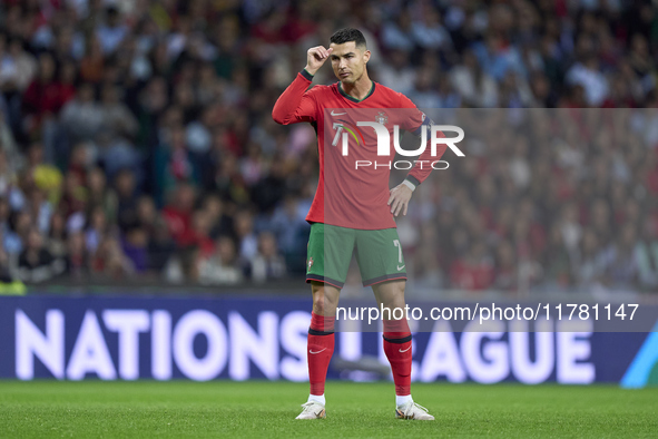 Cristiano Ronaldo of Portugal reacts during the UEFA Nations League 2024/25 League A Group A1 match between Portugal and Poland at Estadio D...