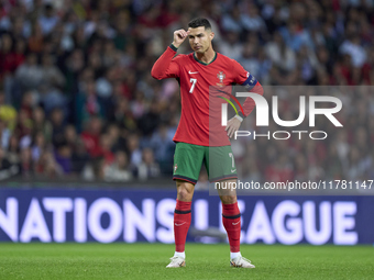 Cristiano Ronaldo of Portugal reacts during the UEFA Nations League 2024/25 League A Group A1 match between Portugal and Poland at Estadio D...