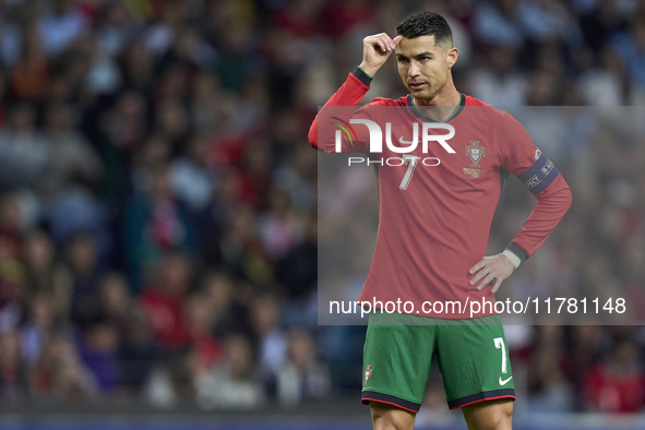 Cristiano Ronaldo of Portugal reacts during the UEFA Nations League 2024/25 League A Group A1 match between Portugal and Poland at Estadio D...