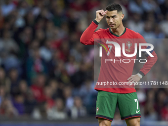 Cristiano Ronaldo of Portugal reacts during the UEFA Nations League 2024/25 League A Group A1 match between Portugal and Poland at Estadio D...