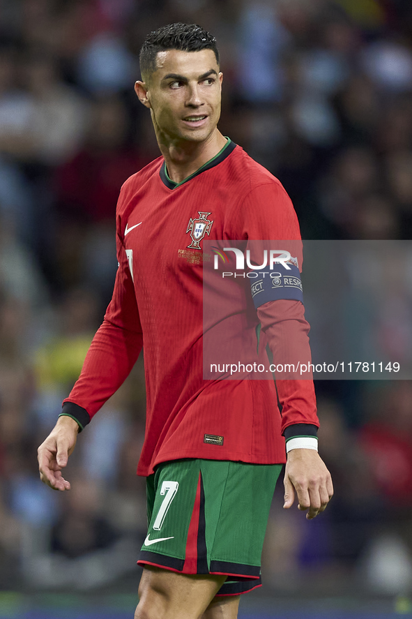 Cristiano Ronaldo of Portugal reacts during the UEFA Nations League 2024/25 League A Group A1 match between Portugal and Poland at Estadio D...