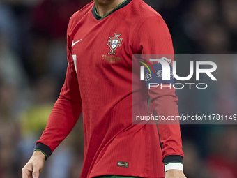 Cristiano Ronaldo of Portugal reacts during the UEFA Nations League 2024/25 League A Group A1 match between Portugal and Poland at Estadio D...