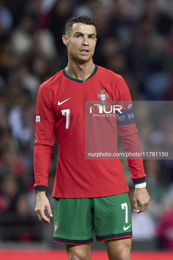 Cristiano Ronaldo of Portugal reacts during the UEFA Nations League 2024/25 League A Group A1 match between Portugal and Poland at Estadio D...