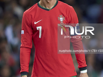 Cristiano Ronaldo of Portugal reacts during the UEFA Nations League 2024/25 League A Group A1 match between Portugal and Poland at Estadio D...