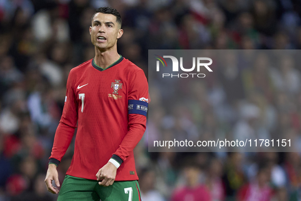 Cristiano Ronaldo of Portugal reacts during the UEFA Nations League 2024/25 League A Group A1 match between Portugal and Poland at Estadio D...