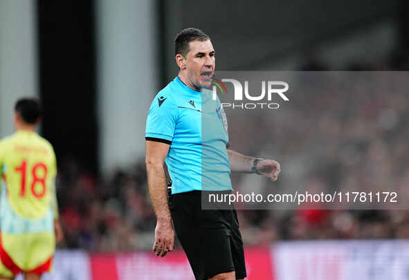 Rade Obrenovic, Referee from Slovenia,  looks on during the Nations League Round 5 match between Denmark against Spain at Parken, Copenhagen...