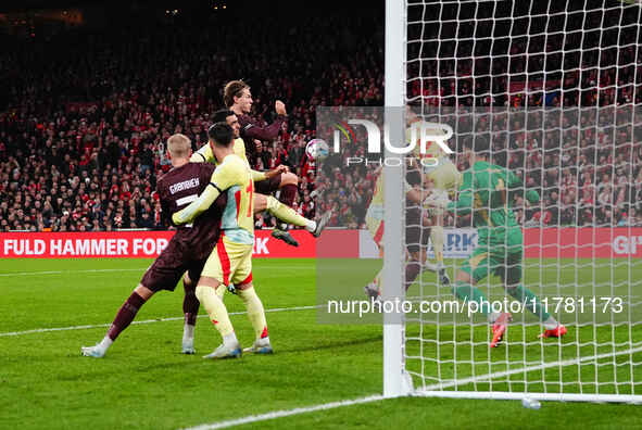 Joachim Andersen of Denmark  heads during the Nations League Round 5 match between Denmark against Spain at Parken, Copenhagen, Denmark on N...