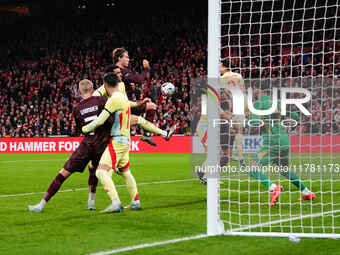 Joachim Andersen of Denmark  heads during the Nations League Round 5 match between Denmark against Spain at Parken, Copenhagen, Denmark on N...