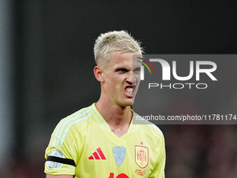 Dani Olmo of Spain  gestures during the Nations League Round 5 match between Denmark against Spain at Parken, Copenhagen, Denmark on Novembe...