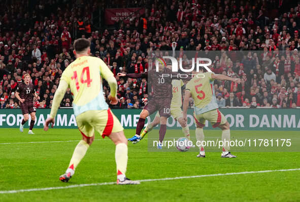 Christian Eriksen of Denmark  shoots on goal during the Nations League Round 5 match between Denmark against Spain at Parken, Copenhagen, De...