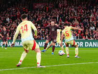 Christian Eriksen of Denmark  shoots on goal during the Nations League Round 5 match between Denmark against Spain at Parken, Copenhagen, De...