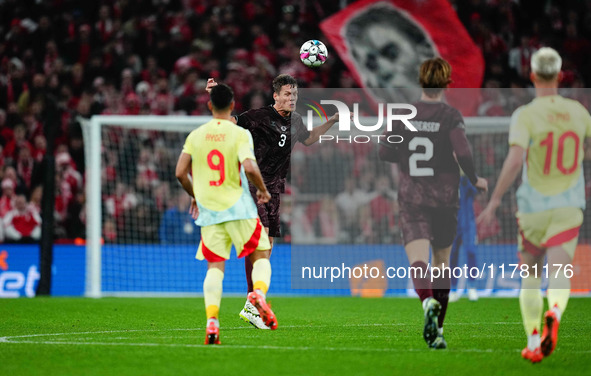 Jannik Vestergaard of Denmark  heads during the Nations League Round 5 match between Denmark against Spain at Parken, Copenhagen, Denmark on...