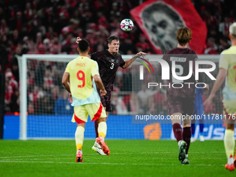 Jannik Vestergaard of Denmark  heads during the Nations League Round 5 match between Denmark against Spain at Parken, Copenhagen, Denmark on...