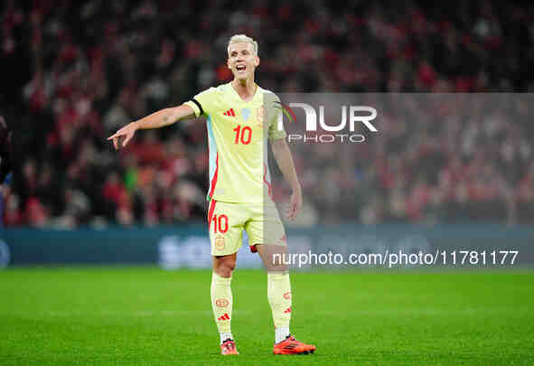 Dani Olmo of Spain  gestures during the Nations League Round 5 match between Denmark against Spain at Parken, Copenhagen, Denmark on Novembe...