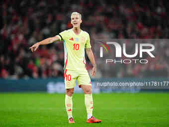 Dani Olmo of Spain  gestures during the Nations League Round 5 match between Denmark against Spain at Parken, Copenhagen, Denmark on Novembe...