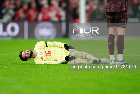 Alex Baena of Spain  on the ground during the Nations League Round 5 match between Denmark against Spain at Parken, Copenhagen, Denmark on N...